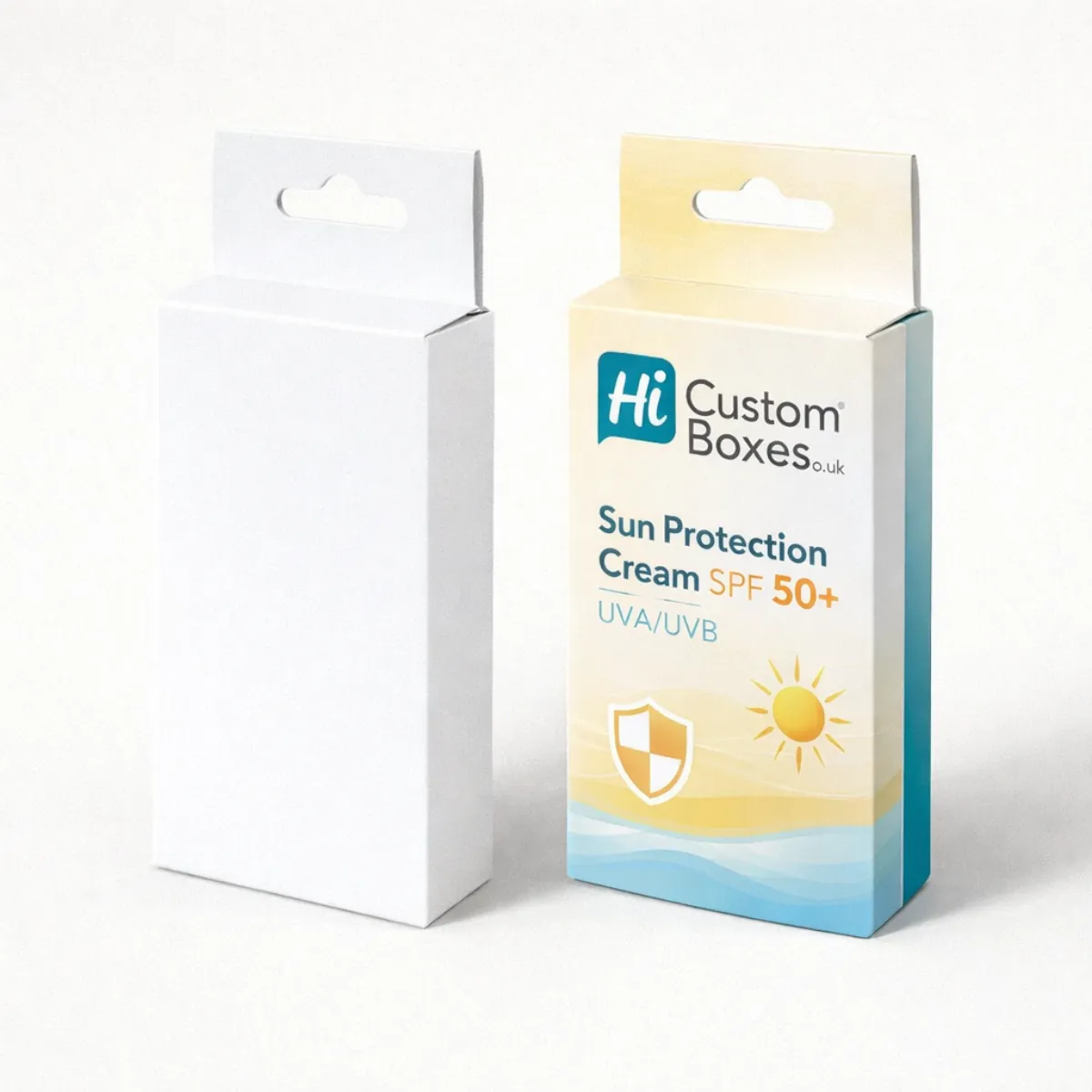 Two vertical hanging boxes with euro slots- featuring a plain white and a branded design- class=